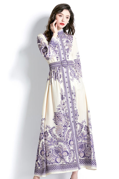 Designer Elegant Paisley Pattern, Lantern Sleeves, Stand Collar, Belted Vintage A-Line Party, Wedding Guest Women Maxi Dress - Lavender